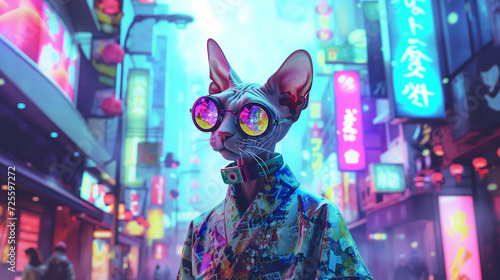 Neon Urban Nightscape: Fashionable Sphynx Cat in Pop Art Style, 4K Wallpaper