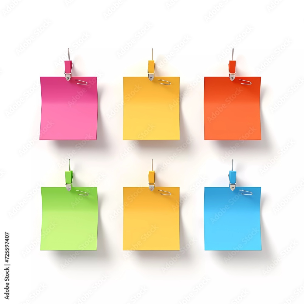 3d illustration Pink and green sticky notes with paper clips on white background. generative ai 3d illustration Pink and green sticky notes with paper clips on white background. generative ai