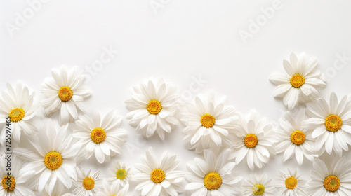 A simple and elegant border of spring daisies against a clean white background