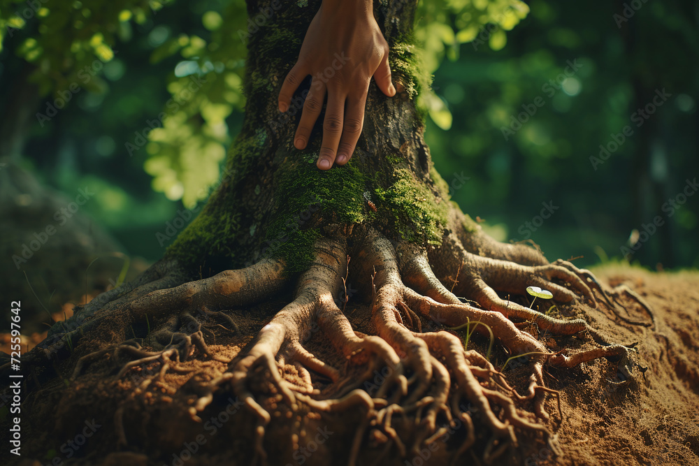 Root Hand Human Connection with Nature, Hand Gently Touching Ancient Tree Roots ...