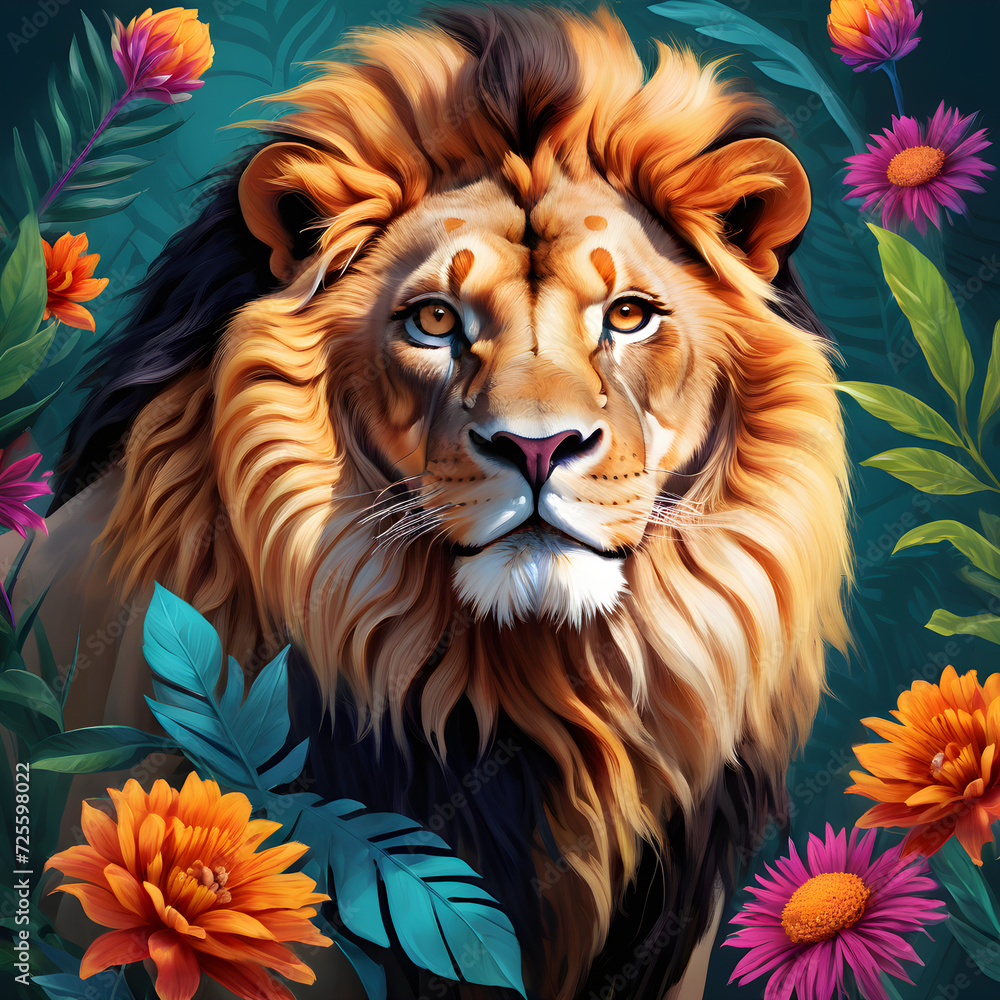 portrait of Majestic Lion Amongst Vibrant Tropical Flowers in an Illustrated Jungle Scene