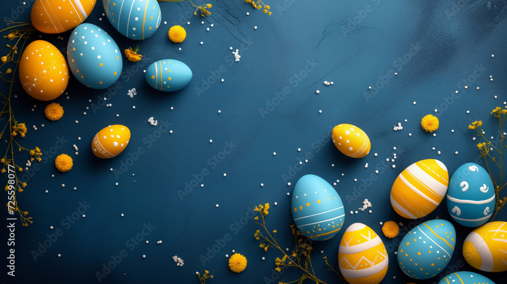 Happy Easter greeting Card with copy space. Colorful easter eggs with spring flowers on dark blue background. Generative AI - obrazy, fototapety, plakaty 