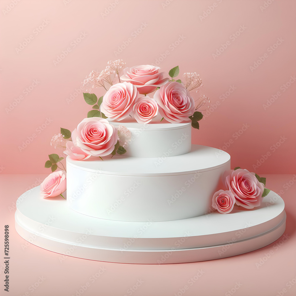 Round white podium platform stand and pink rose flowers on pastel pink background Round white podium platform stand and pink rose flowers on pastel pink background