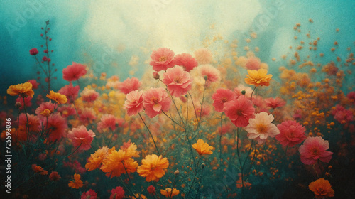 Field of bright multi-colored flowers. Spring, summer banner. Old photo effect. Generative AI © k_e_n