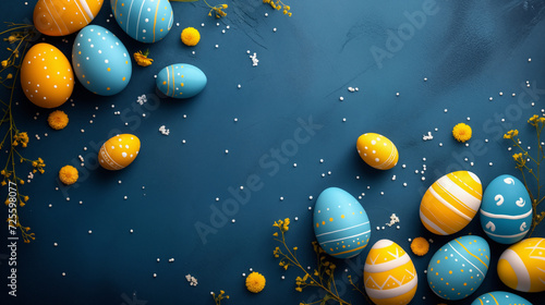 Happy Easter greeting Card with copy space. Colorful easter eggs with spring flowers on dark blue background. Generative AI