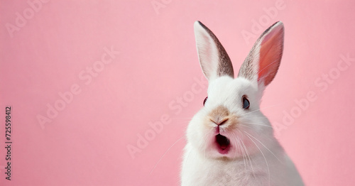 Surprised shocked bunny on a pink background.   AI Generative photo