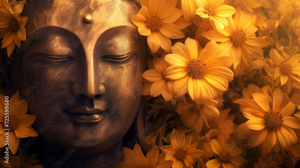 A calm Buddha statue's face surrounded by vibrant yellow flowers, depicting tranquility in nature.