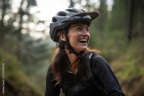 Portrait of a young woman biker in helmet laughing and looking up in the forest