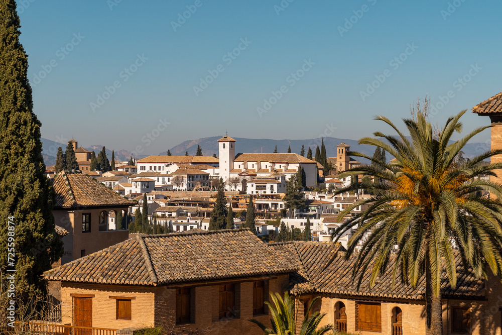 Downtown with the San Nicolas viewpoint next to the church. View from Alhambra in Granda, Spain