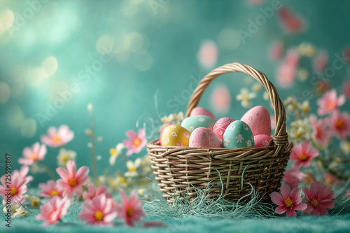 Easter eggs in a basket with flowers on a holiday background. Easter concept. Generative AI