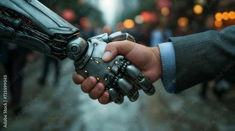 Handshake between a human and a robot on a city background. Generative ...