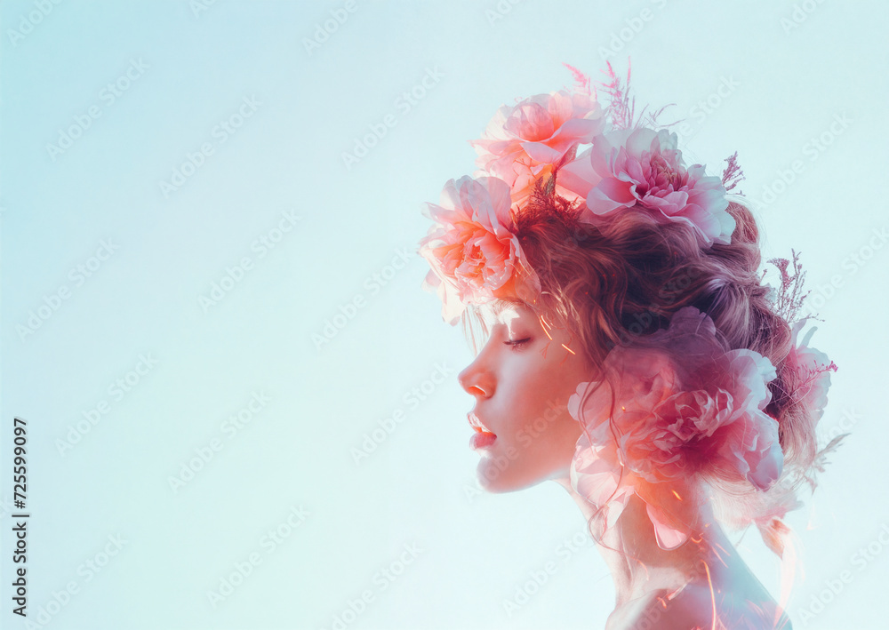 Double exposure - girl and flowers on a light blue background. Generative AI