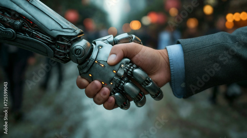 Handshake between a human and a robot on a city background. Generative AI © k_e_n