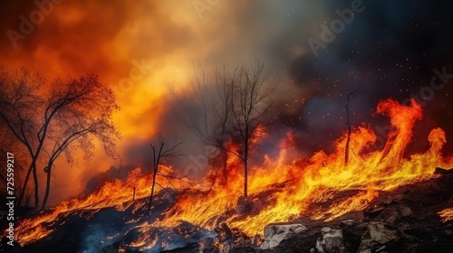Photo An apocalyptic scene of fire and smoke as a forest fire spreads uncontrollably, leaving a trail of destruction in its path