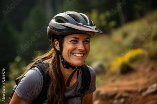Portrait of a smiling woman with a helmet on a mountain trail