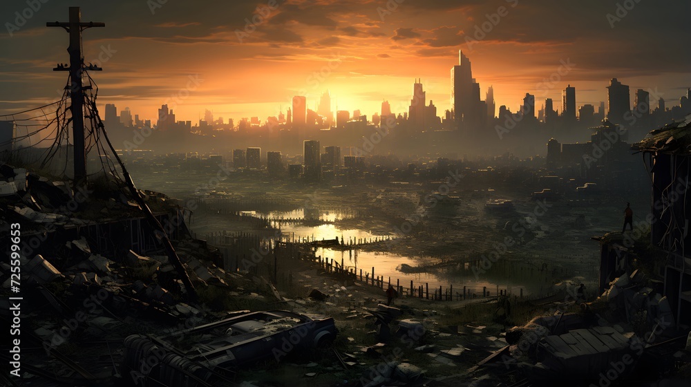 Panoramic view of the city at sunrise, 3d render
