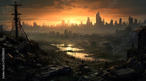 Panoramic view of the city at sunrise, 3d render
