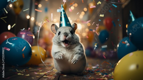 Happy cute animal friendly chinchilla wearing a party hat celebrating at a fancy newyear or birthday party festive celebration greeting with bokeh light and paper shoot confetti surround party