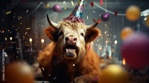 oxen Happy cute animal friendly bull wearing a party hat celebrating fancy newyear or birthday party festive celebration greeting with bokeh light and paper shoot confetti surround party