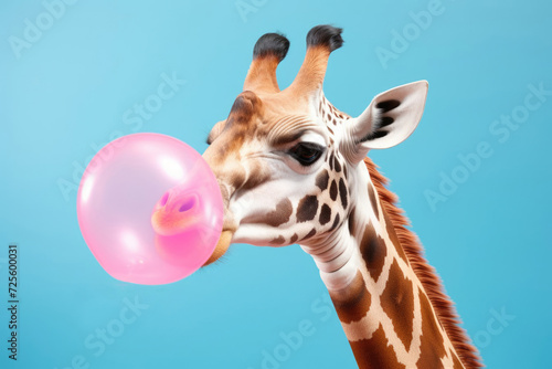 portrait of a beautiful giraffe inflating a pink bubble from chewing gum, on a blue background. Giraffe with pink balloon on blue background.