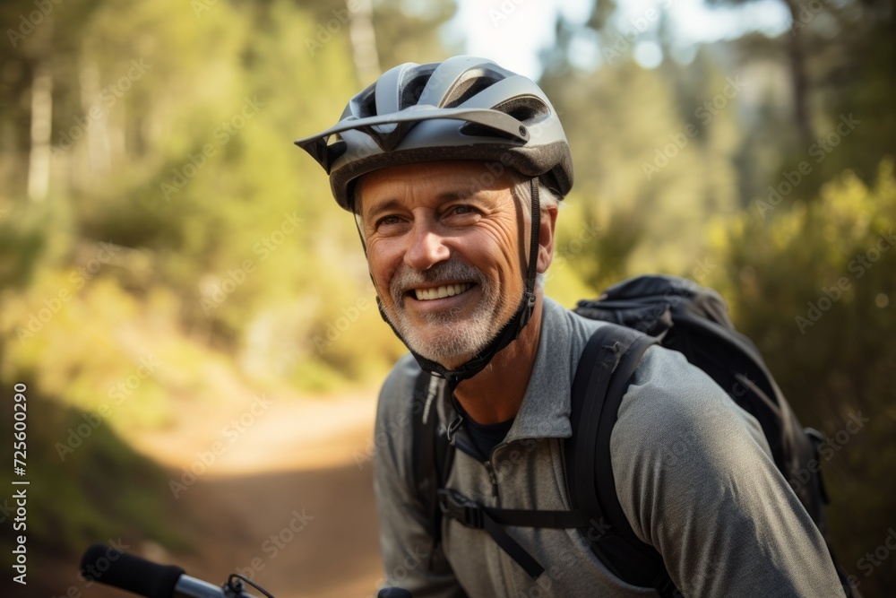 Portrait of happy senior man with backpack riding bicycle on forest trail