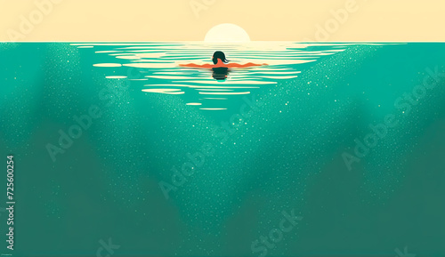Man swimming in the lake with a landscape view. Illustration of man swimming in the sunset.