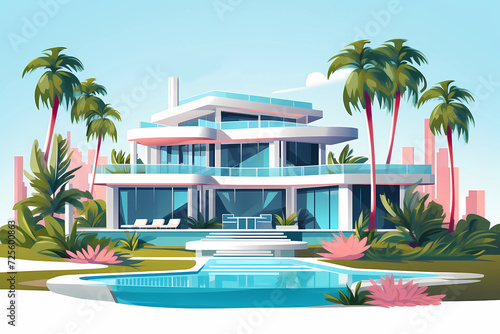 Modern villa with swimming pool in flat style, illustration. Glass country house with palm trees against the backdrop of skyscrapers © Татьяна Клименкова