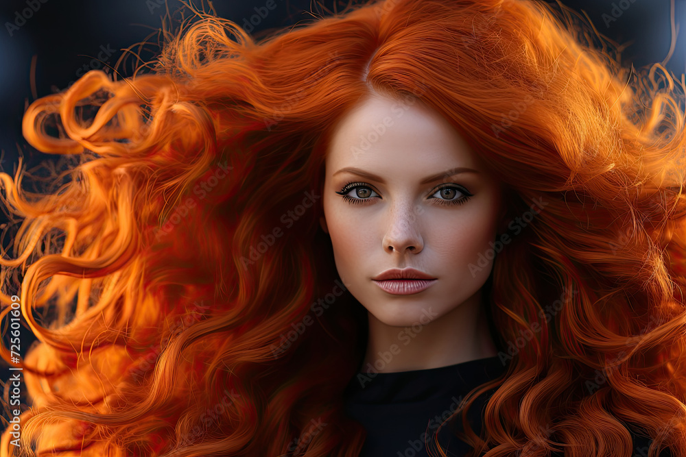 Fiery Essence: A Captivating View of a Crimson-Haired Enchantress, A close-up of a beguiling woman with vibrant red hair, exuding an aura of fascination and allure.