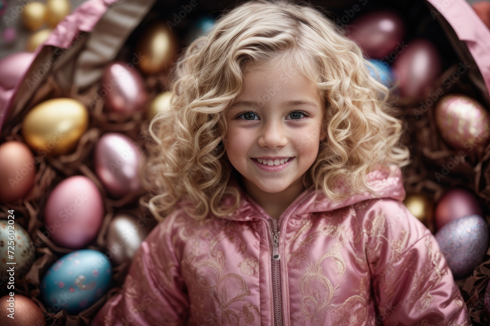 portrait of little blonde girl preparing easter party with many chocolate eggs in her pink house portrait of little blonde girl preparing easter party with many chocolate eggs in her pink house