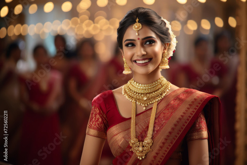 A smiling young Indian ethnic woman wearing traditional costumes and jewellery 
