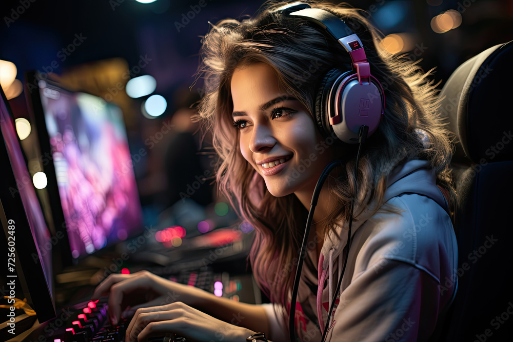 Harmonic Immersion: happy woman, immersed in the world of music, wearing headphones and focused on using a computer. Harmonic Immersion: happy woman, immersed in the world of music, wearing headphones and focused on using a computer.