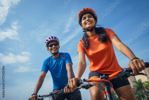  Indian ethnic couple cycling in the outdoor, wearing sports outfits, against a blue sky background