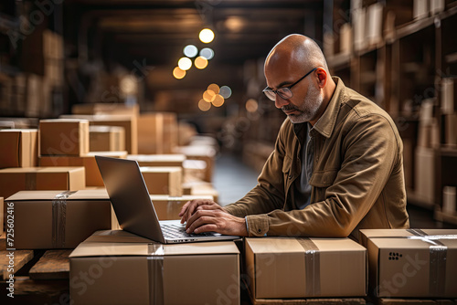 Senior man engrossed in his work, typing away on a laptop amidst the bustling energy of a warehouse. © sommersby