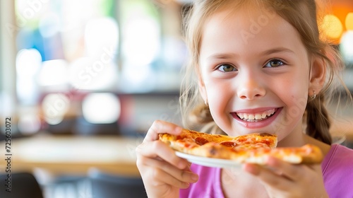 Happy preteen girl enjoying pizza in restaurant with blurred background and copy space