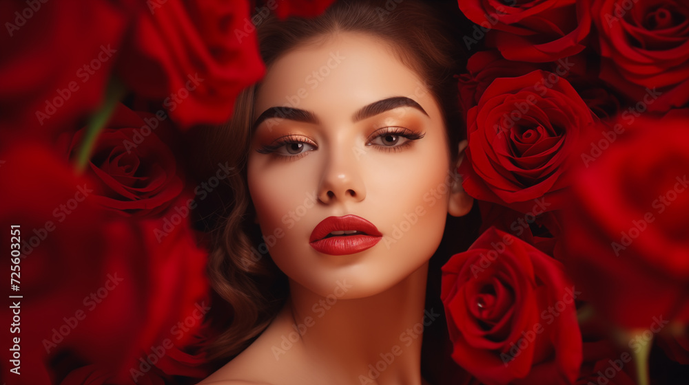 Beautiful young woman with red lips with a hot expression On the background of red roses