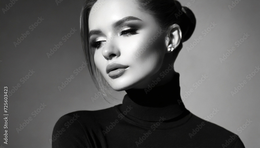 Young beautiful woman with dark hair tied in a bun, in a black turtleneck, black and white portrait Young beautiful woman with dark hair tied in a bun, in a black turtleneck, black and white portrait