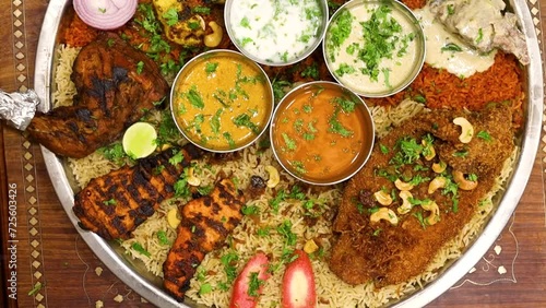 Arabian dish Mandi with chicken biryani gravy & other spices photo