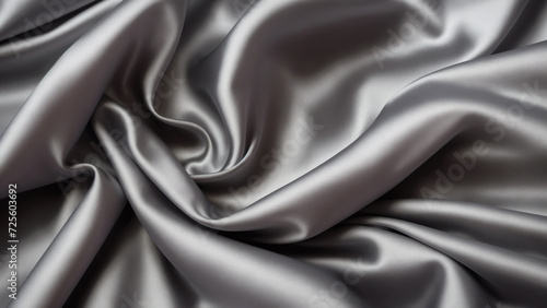 Wrinkled satin fabric in silver color. Elegant abstract background, folds on silk fabric.