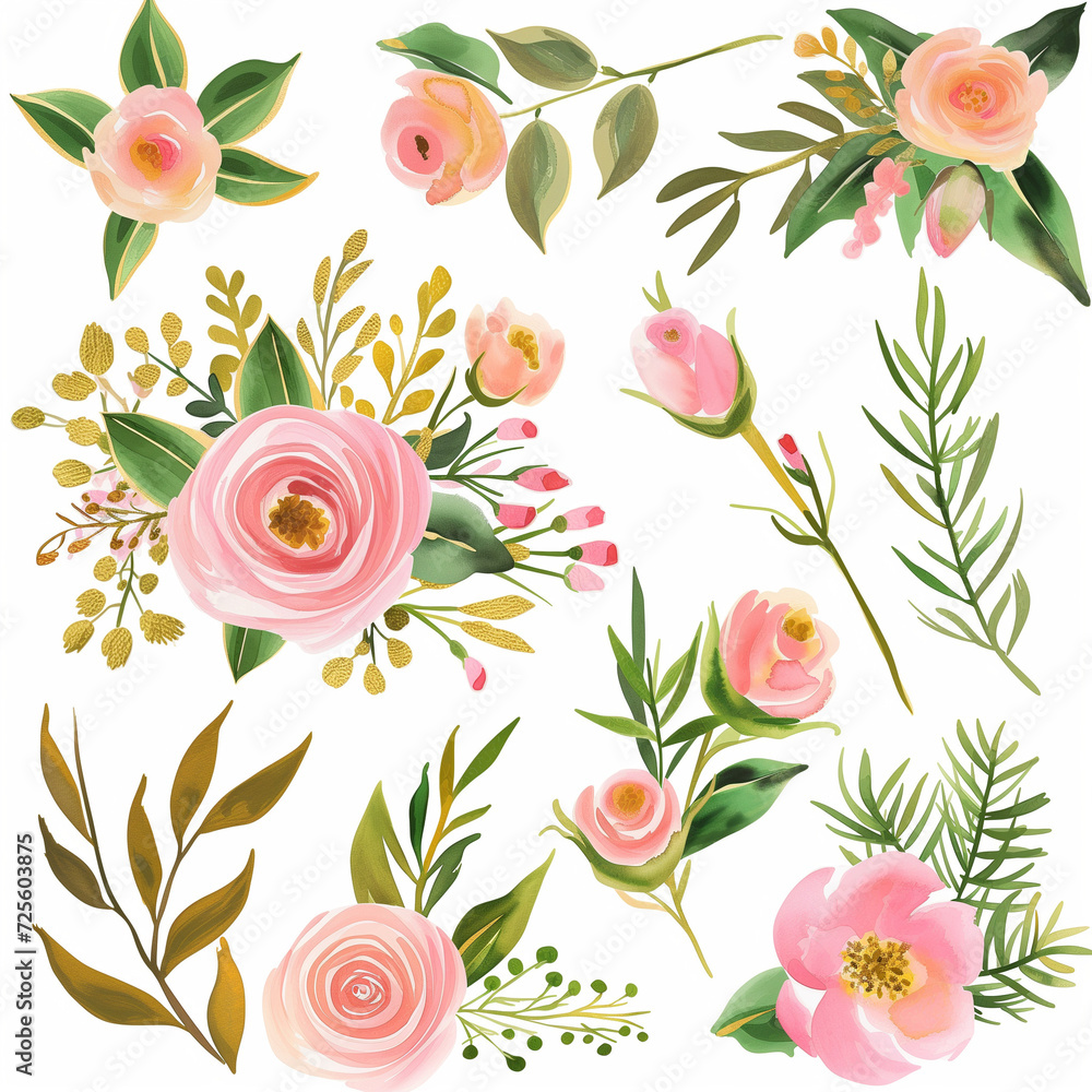 Watercolor floral illustration set - green & gold & pink leaf branches collection, for wedding stationary, greetings, wallpapers, fashion, background. Eucalyptus, olive, rose, green leaf.