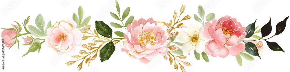  Set of soft coral pink peony flowers and leaves isolated on a white background. Watercolor collection of hand-drawn flowers, botanical plant illustration. Bridal wedding invitation rose collection - obrazy, fototapety, plakaty 