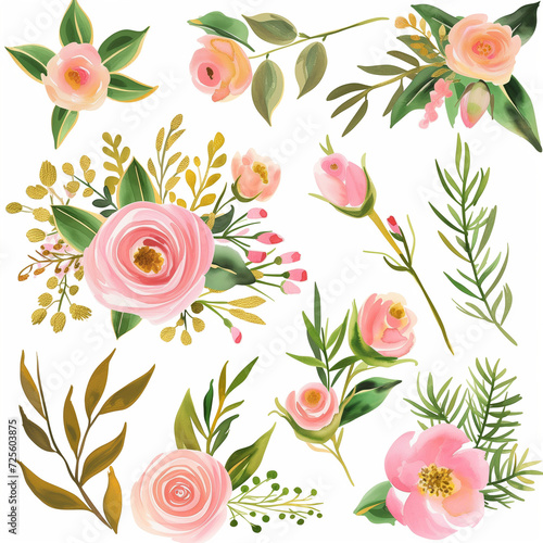 Watercolor floral illustration set - green   gold   pink leaf branches collection  for wedding stationary  greetings  wallpapers  fashion  background. Eucalyptus  olive  rose  green leaf.