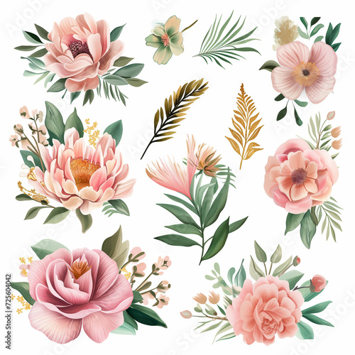 Watercolor floral illustration set - green   gold   pink leaf branches collection  for wedding stationary  greetings  wallpapers  fashion  background. Eucalyptus  olive  rose  green leaf.