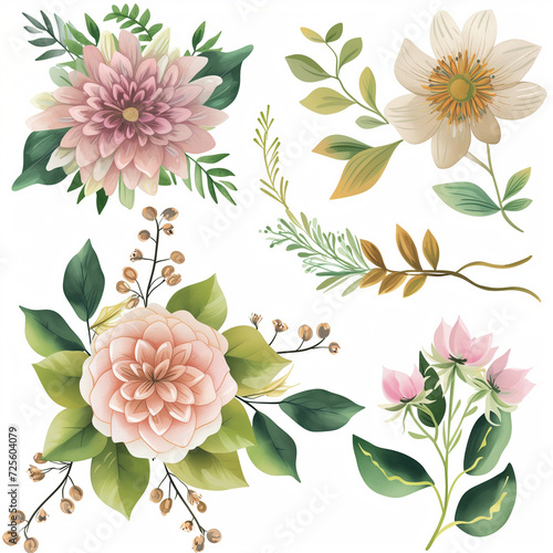 Set of soft pastel & gold dahlia flowers and leaves isolated on white background. Watercolor collection of hand-drawn flowers, botanical plant illustration Bridal wedding invitation floral collection