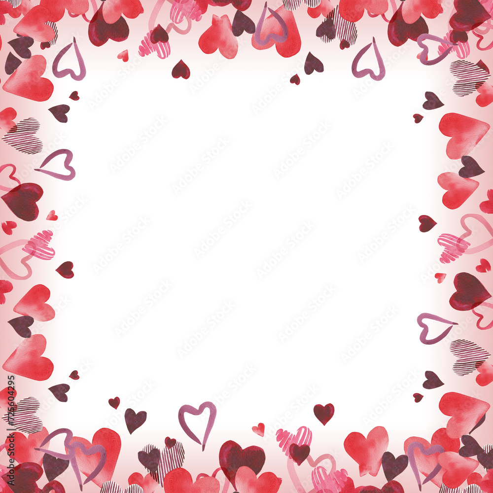 Watercolor hearts frame. Hand drawn illustration of pink purple hearts. Perfect for Valentines day Watercolor hearts frame. Hand drawn illustration of pink purple hearts. Perfect for Valentines day