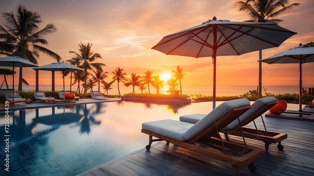 Beautiful luxury umbrella and chair around outdoor swimming pool in hotel and resort with coconut palm tree on sunset or sunrise sky - obrazy, fototapety, plakaty 