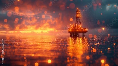 oil rig in the ocean against the background of dawn. Generative AI