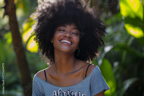 Feliz Mujer Afrodescendiente disfrutando su jardin. Cultura Africana. generativa ia photo