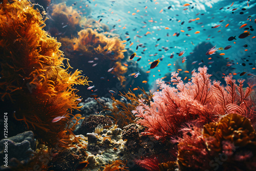 Algae and marine life in coral reef ecosystem. Natural carbon sink. Carbon capture. Underwater environment. Carbon sequestration. Vibrant color of algae and coral. Blue carbon ecosystem.