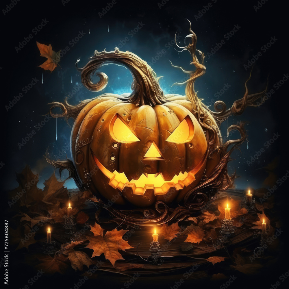Halloween pumpkins on dark background, 3d render illustration.