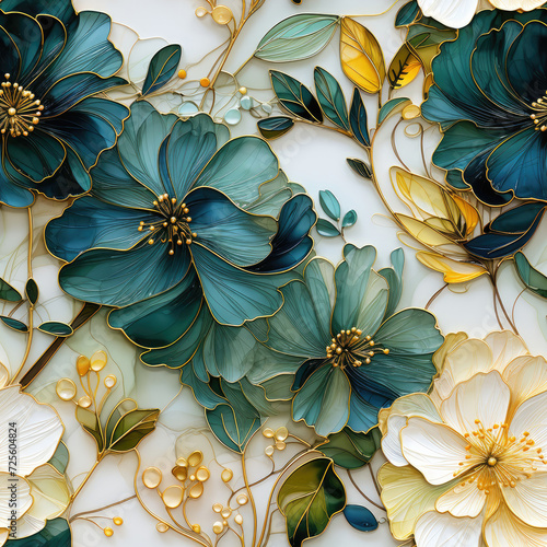 Creative abstract background wallpaper. Repetitive pattern, seamless 3d flowers forest background for the designs. Beautiful oil watercolor and ink painting in green, gold and yellow